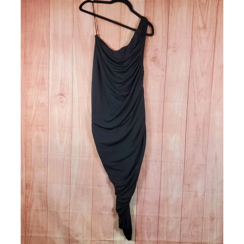 Steve‎ Madden Ayana Womens Bodycon Dress Large Black Stretch One-Shoulder Ruched